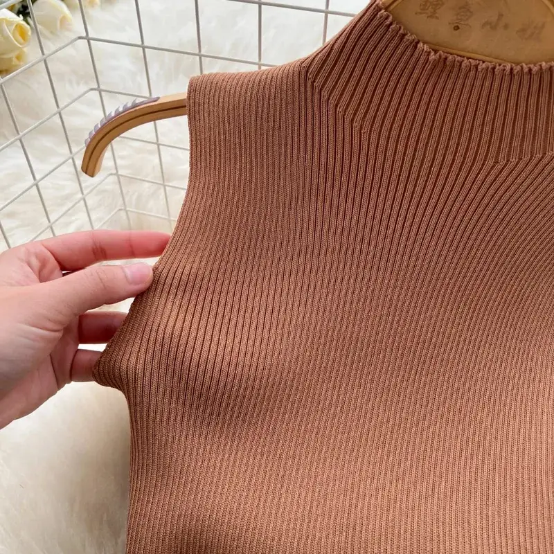 Brown Sleeveless Mini Dress Women's Mock Neck Sundress Flared Stretchy Ribbed Knit A-Line Casual Summer Party Vacation Dress — image 4