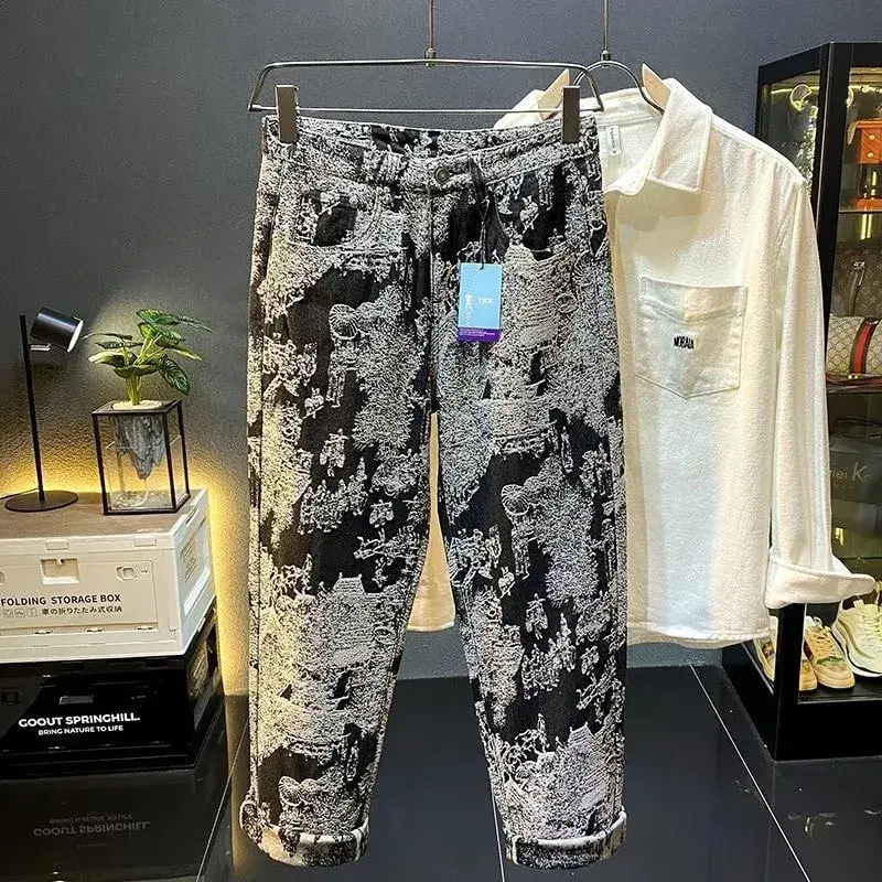 Autumn and Spring New Fashion Trend Print Retro Sports Straight Leg Jeans Men's Casual Comfortable High Quality Denim Pants — image 4