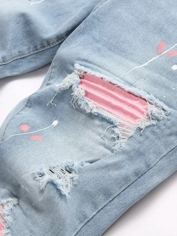 High Stretch Men Distressed Denim Jeans Ripped Hole Pink Biker Patches Paint Slim Fit Denim Trousers Casual Street Hip Hop Pants — image 5