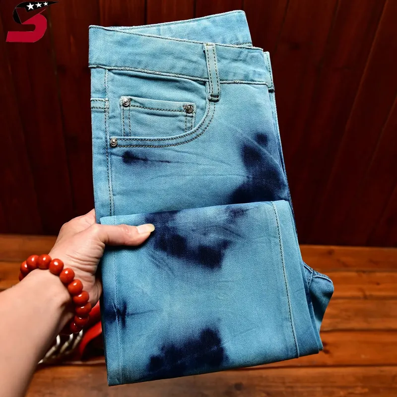 Retro Blue Black Ripped Jeans High Street Korean Version Trousers Y2k Baggy Pants Stacked Jeans Mens Cargo Pants — image 1