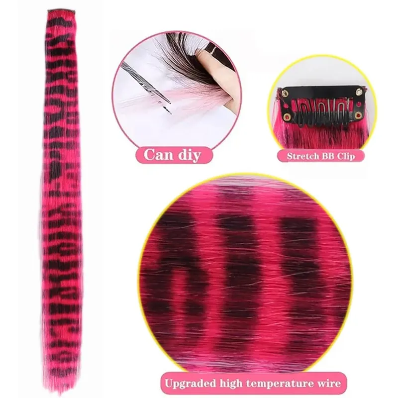 1pc/set Stripe Printed Hair Colorful Long Straight Hair Pieces Synthetic Clip-in Hair Extensions for Daily Use Party Halloween — image 5