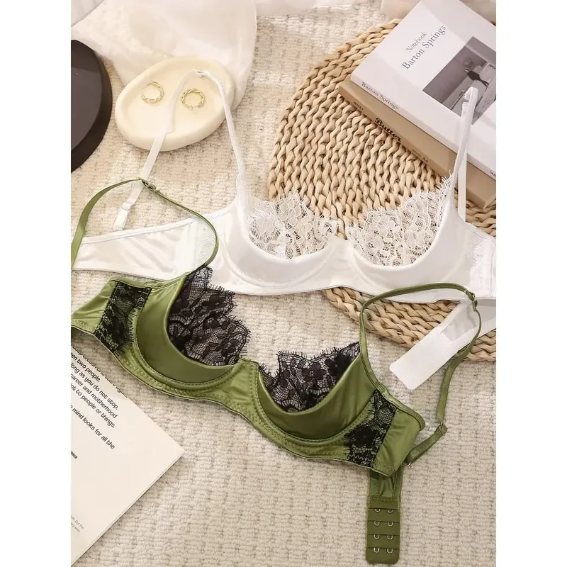 Half Cup Lingerie Set Women Green French Lace Ultra Thin Sheer Soft Comfortable Underwire Bra Small Bust 32‑38AB Set — image 6