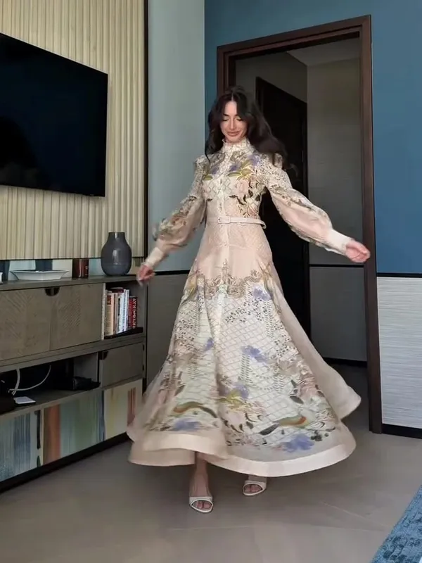 Spitze Gedruckt frauen Kleid Elegante Halb Hohe Kragen Lose Hülse Einreiher Gürtel Weiblichen Rock 2026 Sommer Dame Drapierte robe — image 5