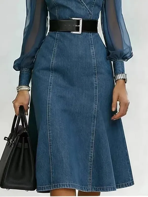 Streetwear Denim A-Line Dress Summer Women Tulle Puff Long Sleeve See Through V Neck Maxi Dresses Vintage Jean Dress With Belt — image 6