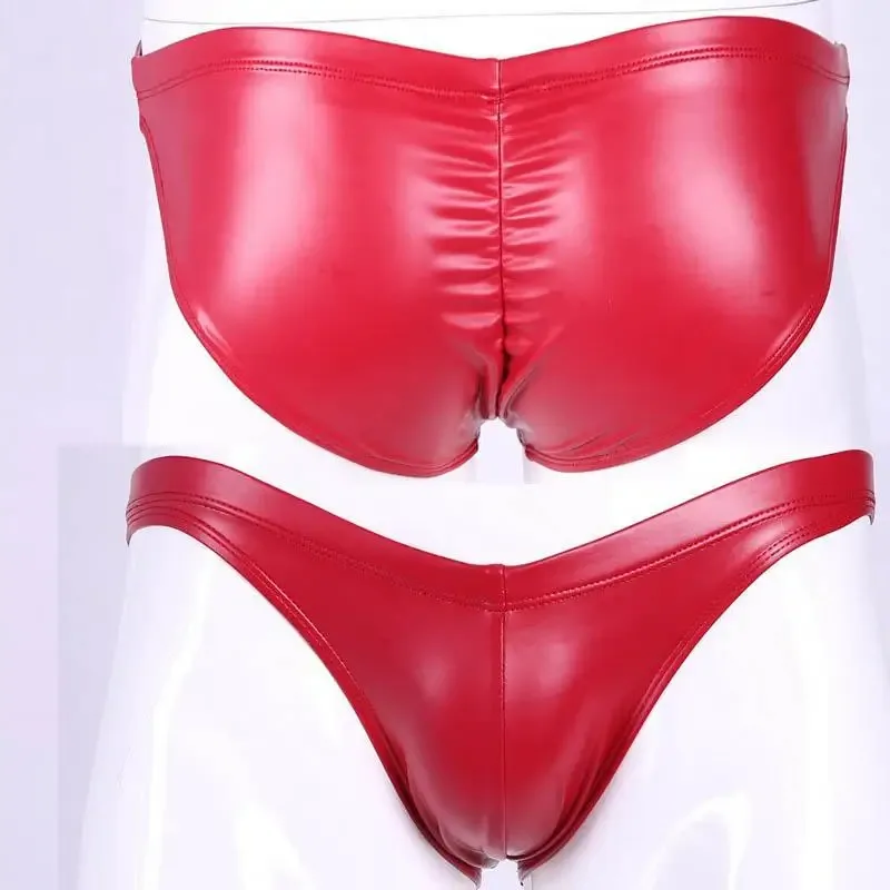 Oil Glossy Swimming Briefs PU Lather Elastic Low-rise Buttocks-Lifting Slip Bikini Shirring Crotch Seam Underwear Bathing Shorts — image 8