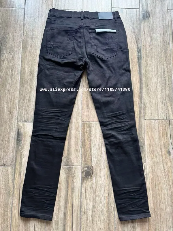 Men's High Street American Fashion Style Jeans Distressed Black Damaged Holes Stretch Skinny Button Fly Ripped Jeans — image 2