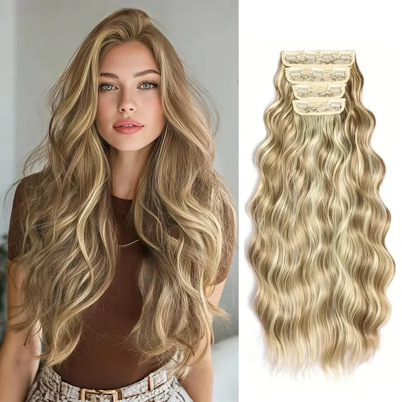 4 PCS Water Wave Clip In Hair Extensions Ombre Blonde Synthetic Natural Hairpieces For Women Lightweight All Day Wear