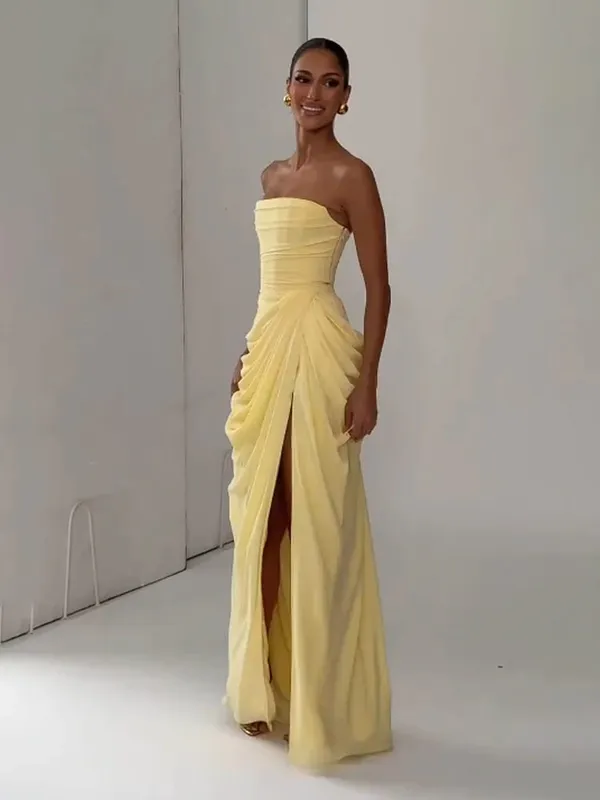 Elegant Solid Pleated Strapless Maxi Dress Yellow Off-shoulder Backless High Waist Split Robe 2026 New Lady Evening Party Gown — image 2