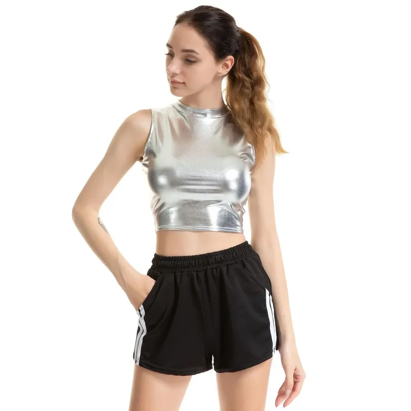 Womens Shiny Metallic Patent Leather Sleeveless Mock Neck Crop Tank Tops Camisole Night Club Party Rave Dance Costume Clubwear — image 5