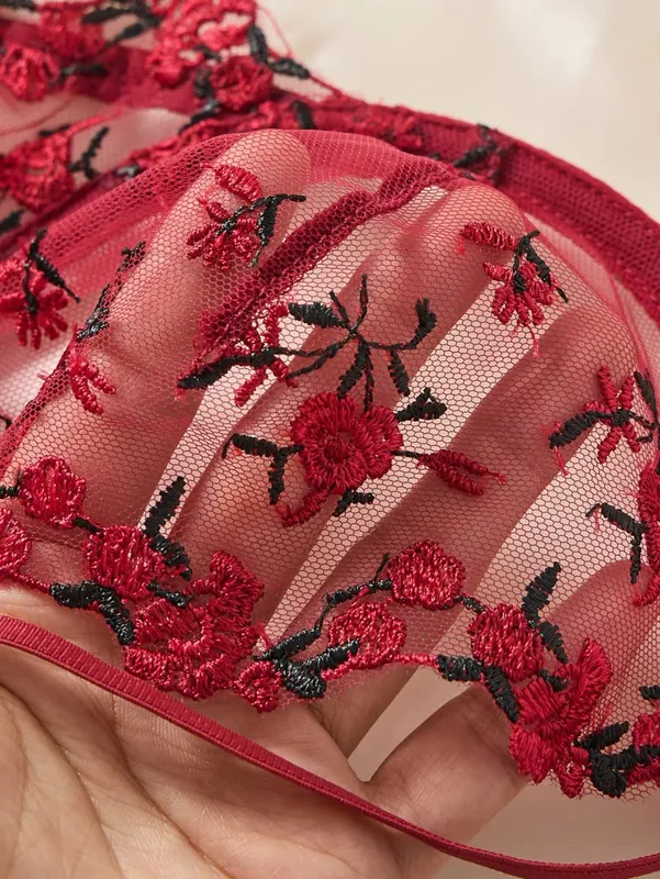 Vintage Wine Red Floral Lace Lingerie Set Thin Double Straps Sheer Transparent Mesh Bra Adjustable Briefs Boudoir — image 5