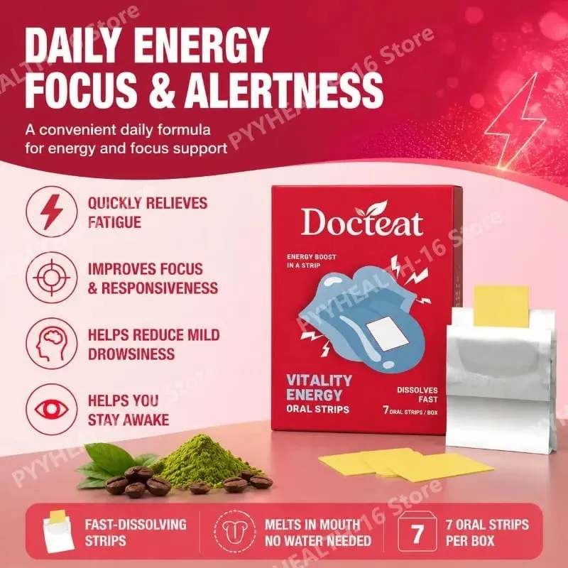 Docteat Energy Support Oral Strips with Caffeine L-Theanine Vitamin B3 B6 B12 Fast Dissolving Daily Nutrition Supplement 7 Count
