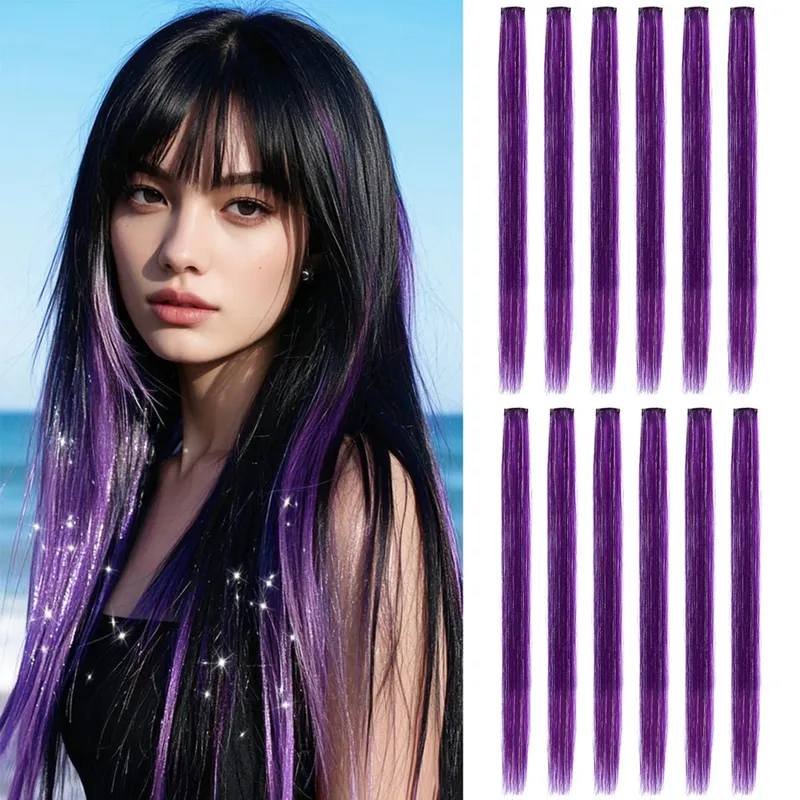 Synthetic Clip in Hair Extensions 12pcs/pack Clip in Colorful Hair Mixed Tinsels Glitter Hairpices for Women Girls Daily Party — image 9