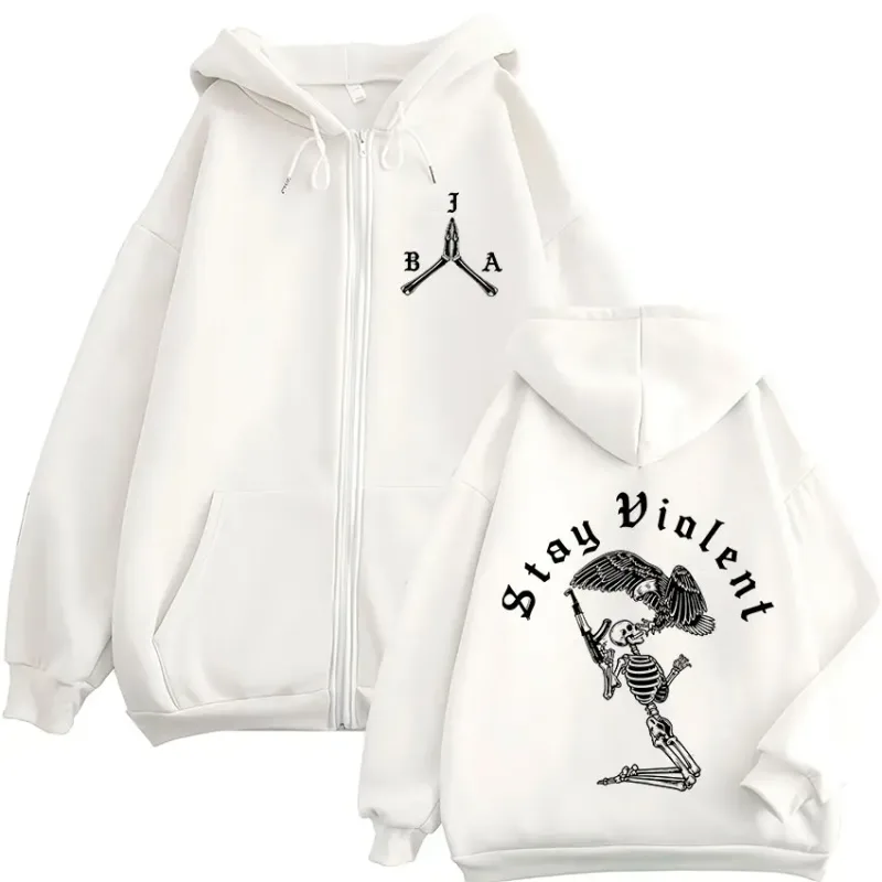 Stay Violent Brothers in Arms Skeleton Printed Zipper Hoodies Men Women Zip Up Hooded Sweatshirts Vintage Pullovers Jackets Coat — image 4