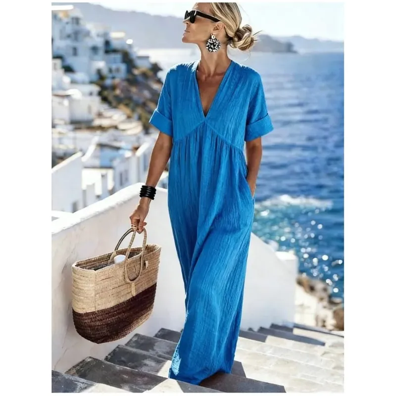 2026 Casual V-neck Short Sleeve Solid Color Women's Loose Dress Summer Elegant Female Fashion Vacation Pocket Long Dresses — image 4