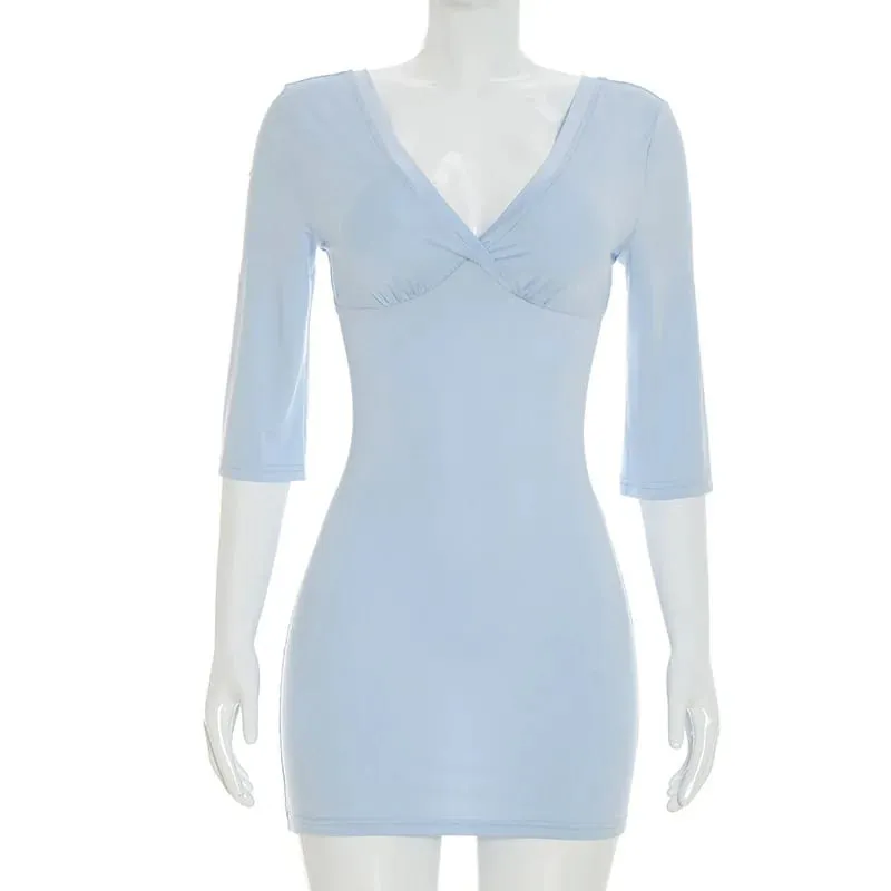 Absobe Women Twist V Neck Bodycon Mini Dress Slim Mid Sleeve Solid Color Sexy Y2K Casual Tee Dress Date Vacation Outfit 2026 — image 8