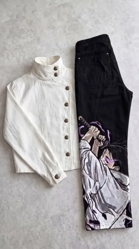 Men Y2K Anime Character Embroidered Jeans Streetwear Cargo Denim Pants Straight Leg High Waist Loose Rock Punk Unisex Jeans — image 8