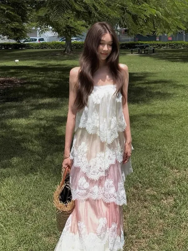 Chic Lace Patchwork Layered Sling Dress Women Sleeveless A-line Long Dresses Female Sweet Elegant Summer Party Lady Vestidos — image 4