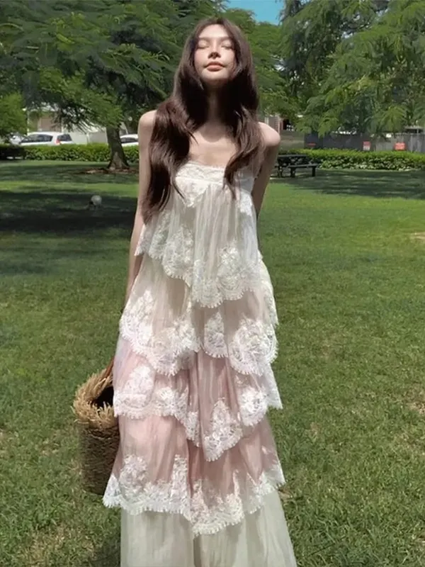 Chic Lace Patchwork Layered Sling Dress Women Sleeveless A-line Long Dresses Female Sweet Elegant Summer Party Lady Vestidos — image 5