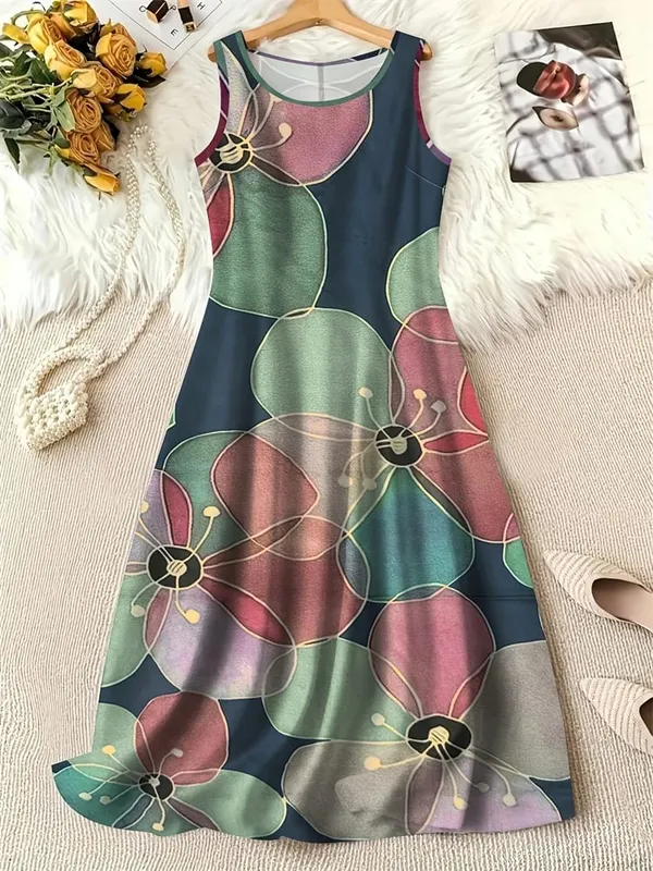 Robes d'été à col rond pour femmes, motif Floral botanique, Patchwork de couleurs bloquées, robes de fête de voyage et de plage