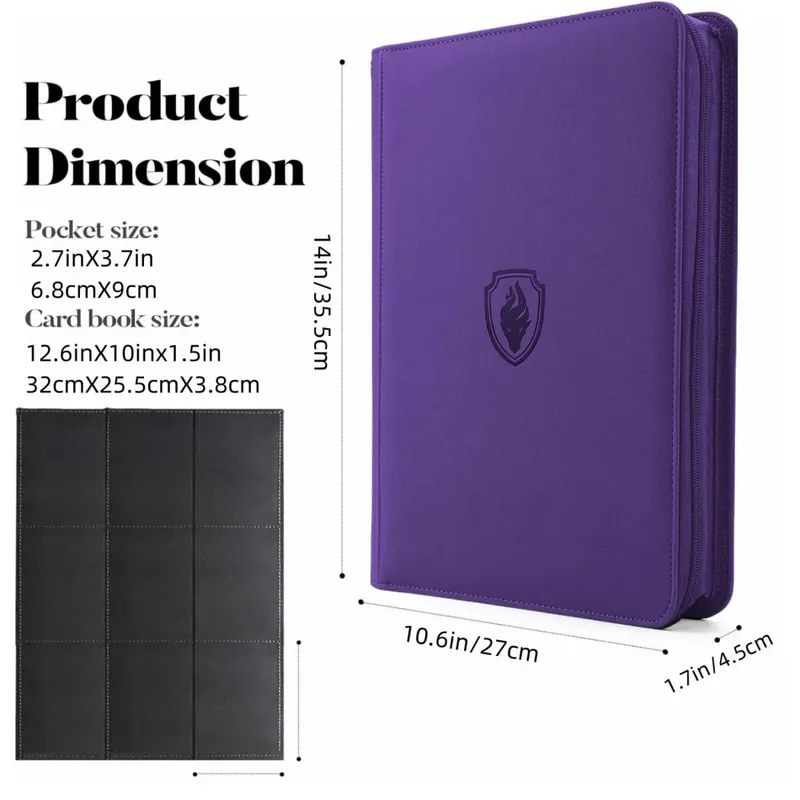 Pasta de cartão com zíper de 9 bolsos 360 porta-cartões de negociação livro premium capa pu pasta com zíper para cartões cartão de carregamento lateral durável — image 2
