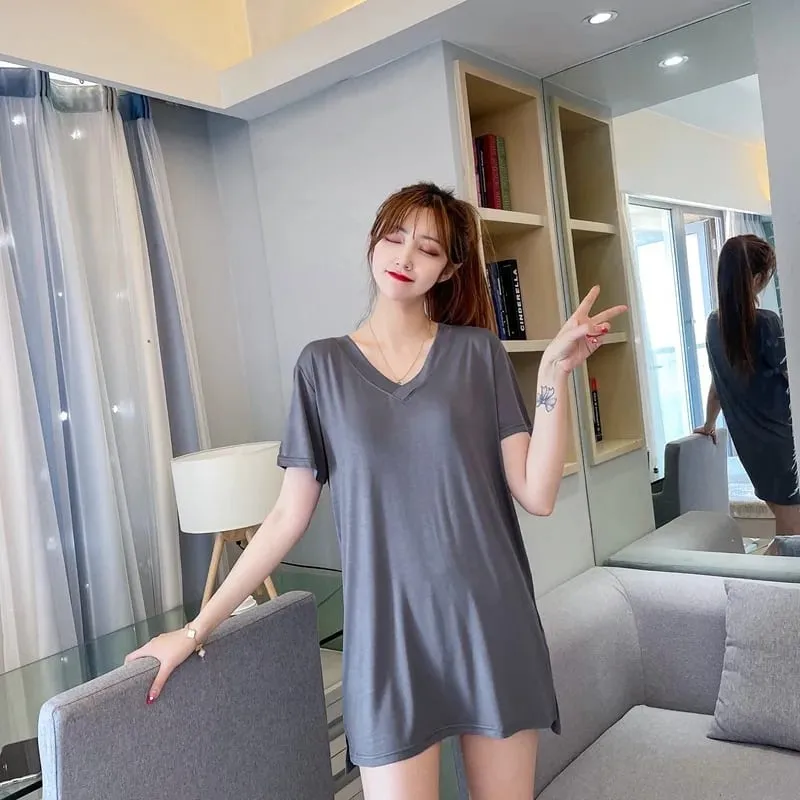 Loose Modal Short Sleeve V-Neck Midi Dress Thin Home Clothes Sleepwear Women's Base Skirt Comfortable plus Size Casual Style — image 4