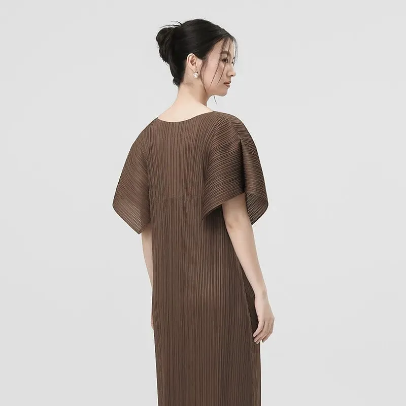 Miyake Pleated Dresses 2026 New Puff Sleeve V-Neck Loose Simple Slimming Elegant Long Dress Women's Draped Comfortable Clothing