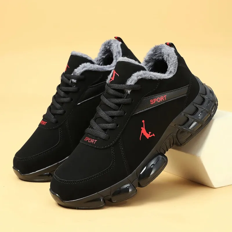 Men Winter Warm Plush Lined Sneakers Air Cushion Thick Sole Non‑Slip Lace‑Up Casual Sports Shoes Outdoor Walking Snow Shoes