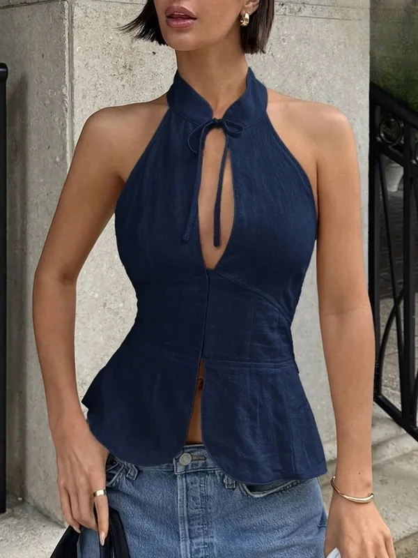 Woman Halter Neck Backless Fitted Crop Top Sleeveless Summer Street Stand Collar Slim Solid Color Tie Front Waist Fitted Top — image 7
