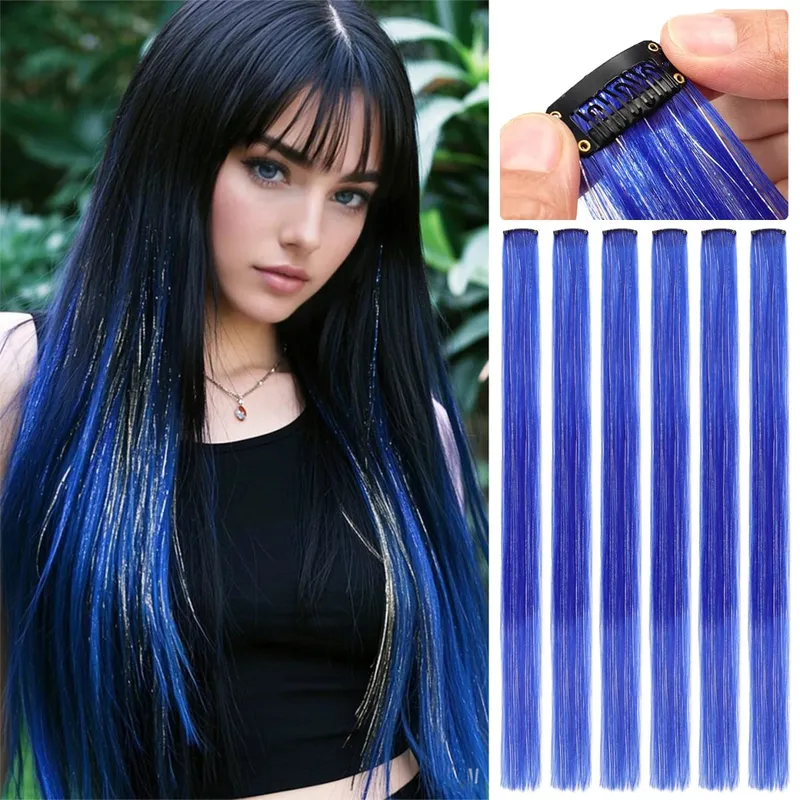 Synthetic 6pcs Clip in Hot Pink Hair Extensions Mix tinsels 22 Inch Colored Hair Extensions 2 in 1 Rainbow Hair — image 2