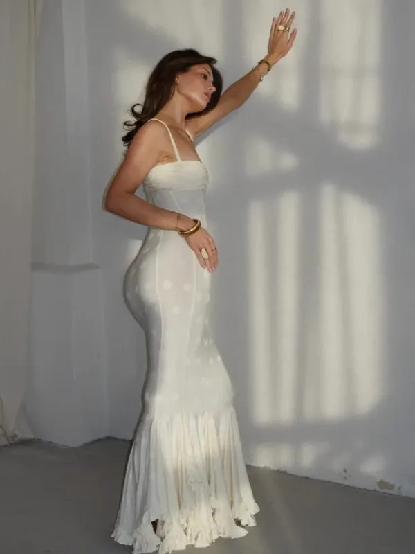 White Polka Dot Maxi Dress For Women Spaghetti Straps Sweetheart Bust Back Ruched Mermaid Flounce Hem Vacation Biryhday Dresses — image 4
