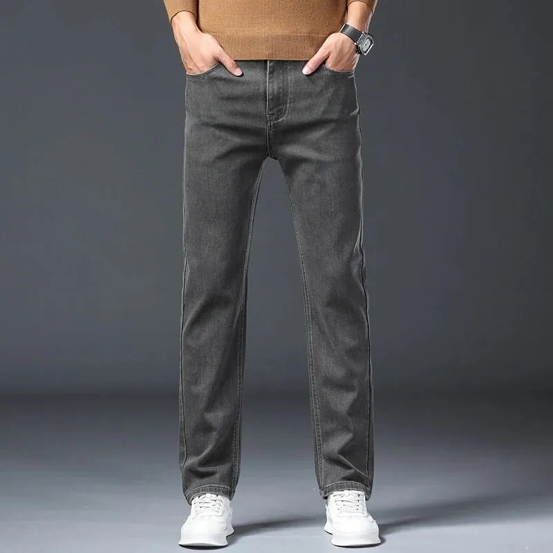 Classic Straight Men's Stretch Jeans Lyocell Cotton Comfortable Soft Casual Denim Pants Spring Business Work Gray Trousers