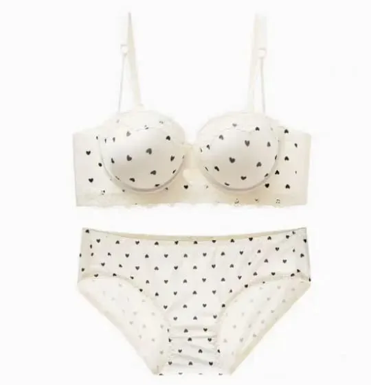 Sweet Girls Heart Lace Bra Set Sexy Push Up Lingerie for Small Breast Anti Sag Side Support Underwear 32‑38AB Bra Set