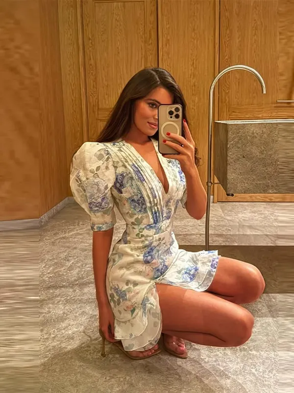 Floral Print Side Split V-Neck Mini Dresses Slim Fitwaist Cinching Puff Sleeve 2026 Summer Elegant Women Party Sweet Vestidos — image 3
