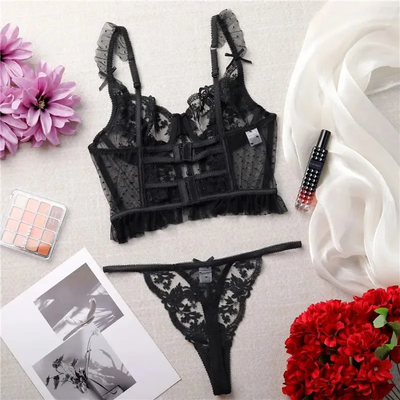 Sexy Bra Brief Set Ruffles Dot Lingerie Embroidery Flowers Solid Panties Underwear Lace Two Back Closure Intimate Exotic Sets — image 3