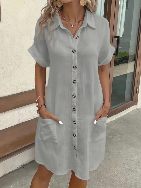 2026 European and American Cross Border Leisure Solid Color Cotton Hemp Buckle Long Short Sleeve Loose Shirt Dress Women's Wear — image 6