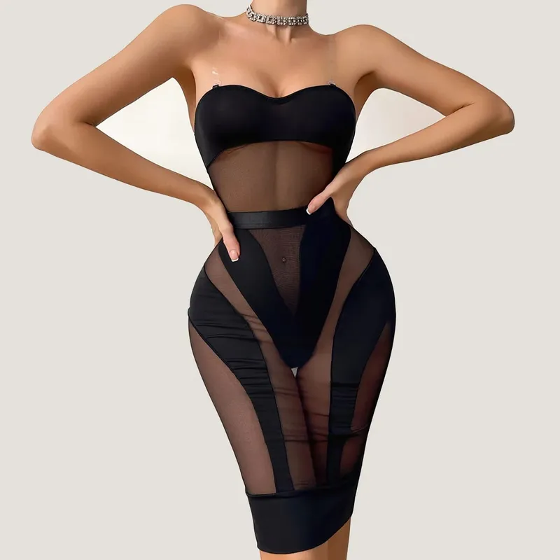 Elegant Hot Sexy Lingerie See Through Bodysuits Half Dress 2PC Sets Seductive Splicing Party Queen Costume Perspective Mesh Sets — image 1