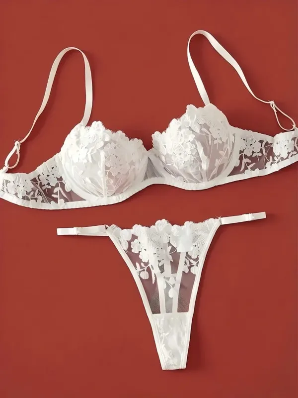 French White Embroidered Lace Underwear Set Elegant Feminine Design Bra And Panties Combo for Women — image 1