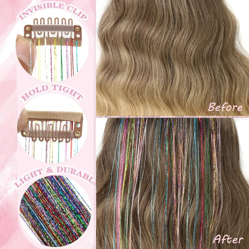 Clip in Hair Tinsel 12 Pcs Hair Tinsel Kit for Girls 20 inch Tinsel Hair Extensions Synthetic Glitter Hair Accessories for Women