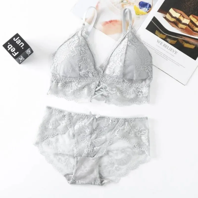 Lace Bra Set for Women Wirefree Bralette Front Criss‑Cross Floral Lace Underwear Sexy Lingerie 2‑Piece Bra And Panty Kit — image 12