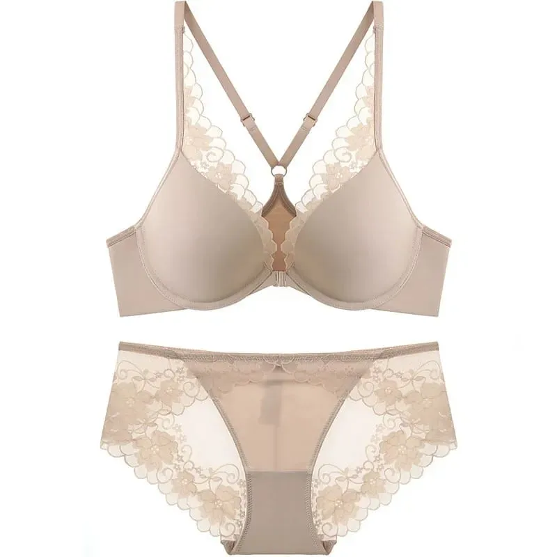 Women Lace Bra Front Open See Through Brief Set Elegant Thin Lingerie Set Ladies Bra Set Underwear — image 8
