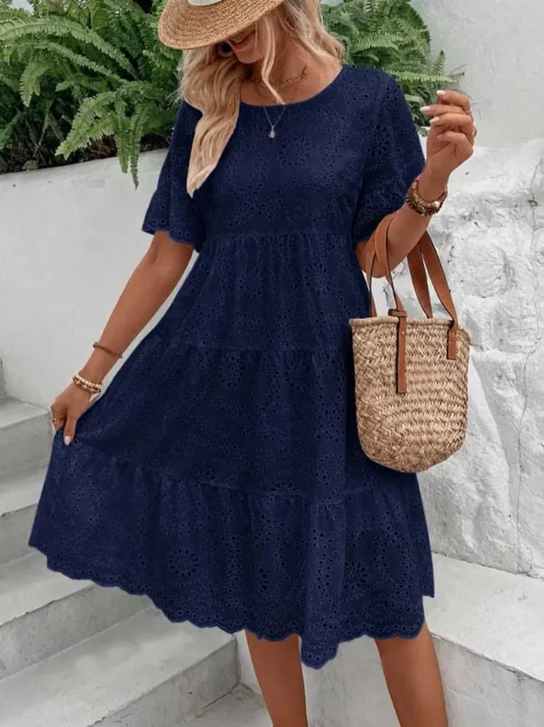 Women's White Eyelet Embroidery Midi Dress Hollow-out Boho Flowy Ruffle Tiered Dress Casual Short Sleeve Summer Beach Dresses — image 11