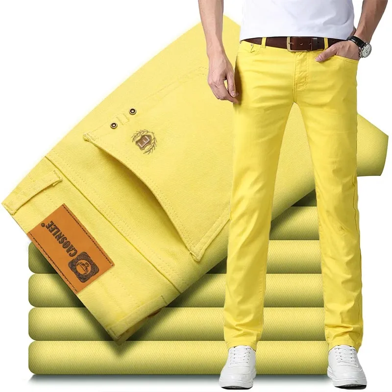 Elastic Cotton Slim Jeans Men Spring Korean Fashion Comfortable Casual Straight Leg Business Denim Trousers Yellow Pink Red