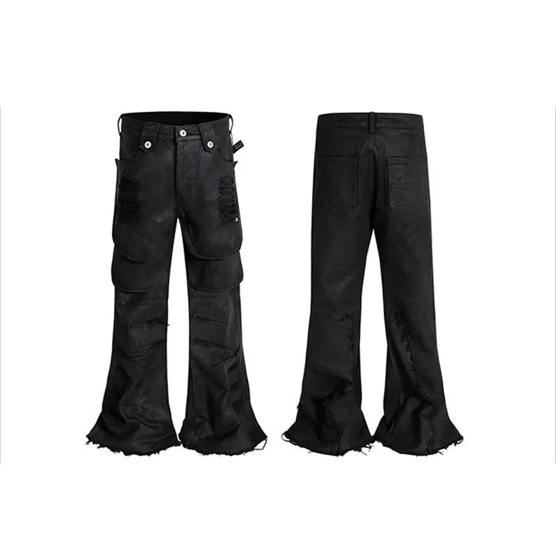 Streetwear Brush Wax Triple Tassel Jeans Pants for Men Frayed Hole Harajuku Ropa Hombre Baggy Casual Denim Trousers Oversized — image 3