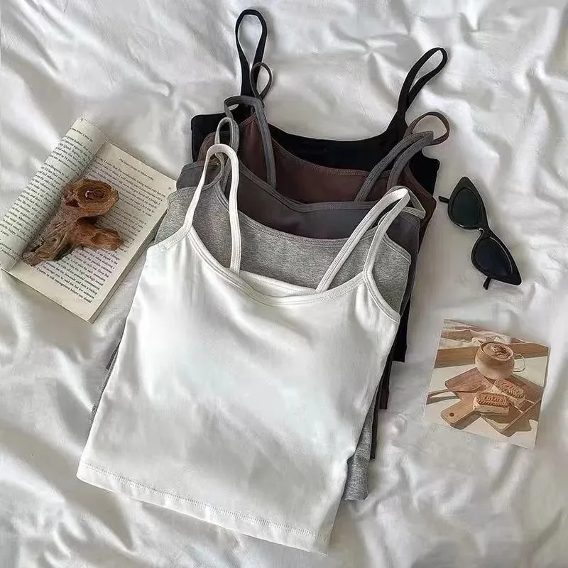 2PCS/SET Women's Basic Cotton Camisole madam Solid Color Spaghetti Straps Sleeveless Slim Vests Breathable Short Sleeveless Tops
