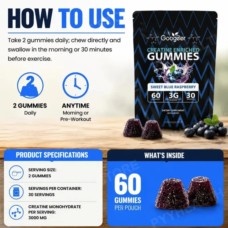Creatine Monohydrate Gummies for Strength Support During Training Post-Workout Recovery Support Blue Raspberry 60 Gummies