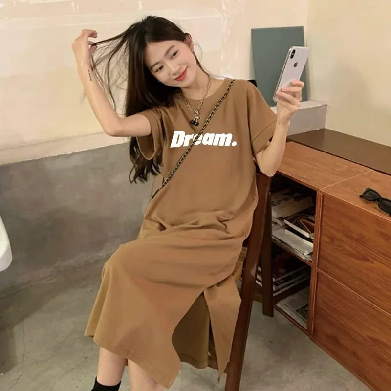 Oversized Dream Letter Print Maxi Tshirt Dress Women Short Sleeve Loose Casual Home Long Dress — image 3