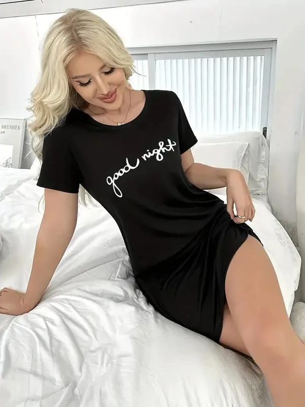 Women's Spring and Summer Casual Letter-Print Short-Sleeved Dress Suitable for Daily Wear and Home Wear