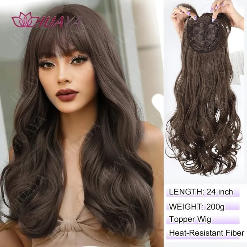 Synthetic 3 Clips In Topper Long Wavy Hairpiece Black Brown Women Fake Hair Clip In Hair Extensions With Bangs Fake Hairpiere — image 3