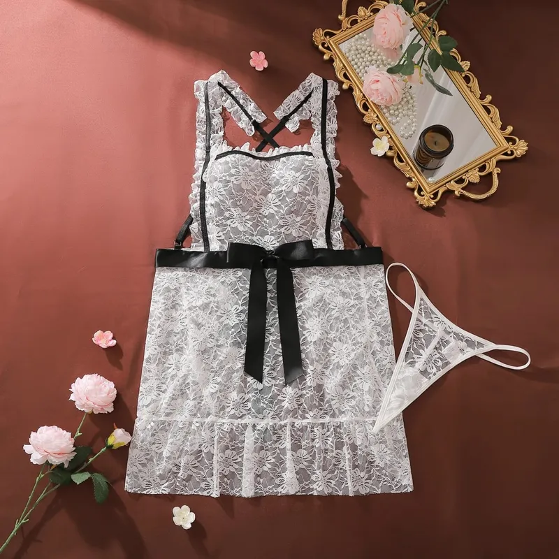French Fashion Contrasting Heavy Industry Floral Perspective Lace Square Collar Hollowed out Backless Shapewear Suspender Maid C