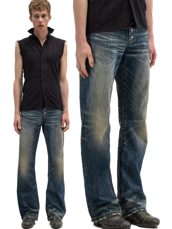 Button‑Fly Cat‑Whisker Pleated Indigo Selvedge Bootcut Jeans — image 6